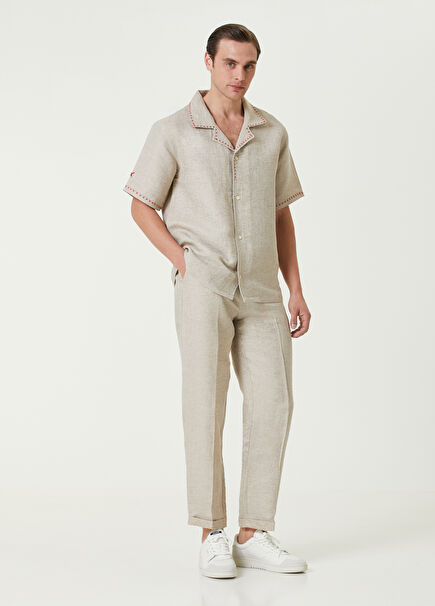 Free Heaven Linen Stitch Detailed Beige Men's Shirt