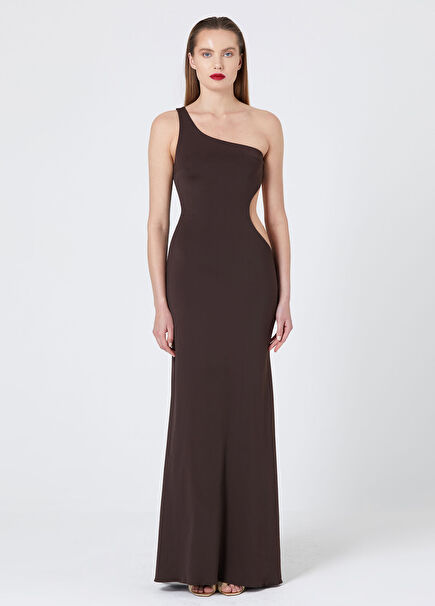 Brown Jersey Waist Decollete One Shoulder Women's Long Evening Dress