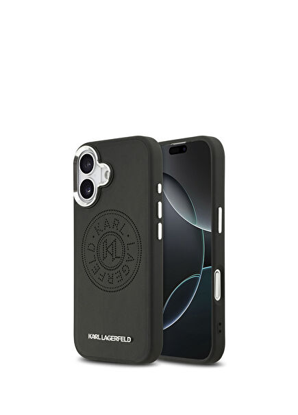 iPhone 17 Delikli Tasarım Metal Logolu Siyah PU Deri Magsafe Uyumlu Telefon Kılıfı