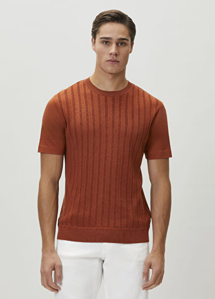Regular Fit Kahverengi Örgü Dokulu T-shirt