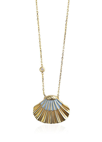 Sky Blue Sea Shell Diamond 14 Karat Gold Women's Necklace