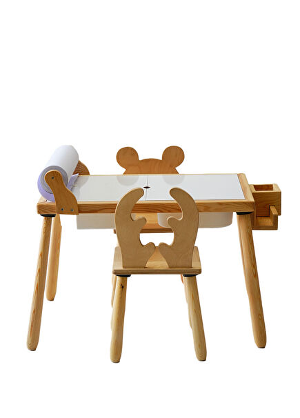 Wooden Sensory Kids Activity Table + Set of Roll Paper and 2 Chairs