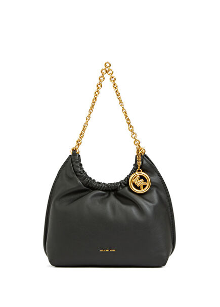 Black Logo Women's Leather Shoulder Bag