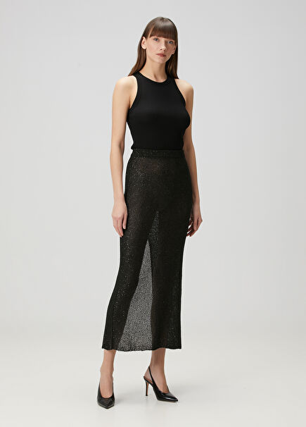 Black Sequined Midi Knit Skirt