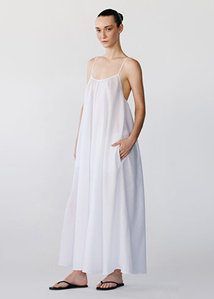 Rain White Cotton Linen Strap Women's Long Dress