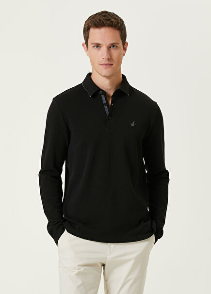 Slim Fit Siyah Polo Yaka Sweatshirt