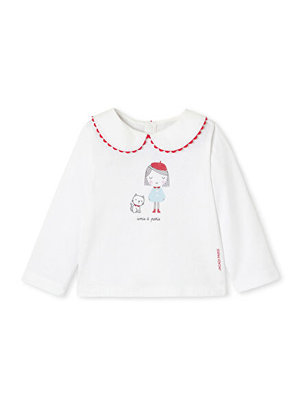 Printed White Baby Collar Long Sleeve Baby Girl T-shirt