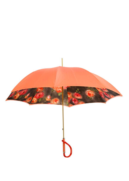 Çiçek Desenli Turuncu Asetat Saplı Manuel Şemsiye