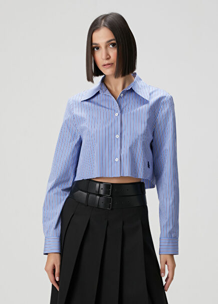 Mavi Çizgili Crop Poplin Gömlek