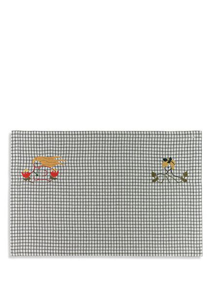 Altar Ecru Grey Checkered Embroidered Placemat 35 x 50 cm