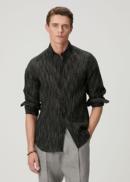 Comfort Fit Blue Dashed Striped Linen Shirt