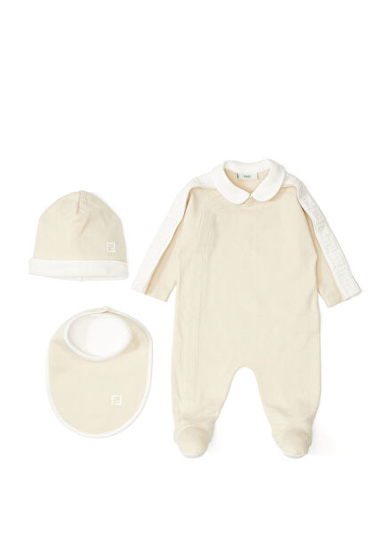 Beige Logo Detailed Unisex Baby Jumpsuit Set