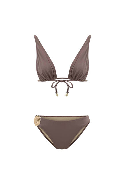 Coralisse Mocha Mousse V-Neck Triangle Women's Bikini Set with Gold Seashell Accessories