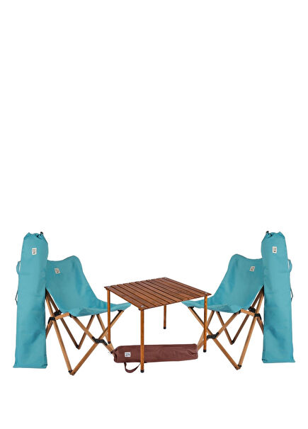 Wooden Brown Turquoise Folding Camping Table and Chair Set