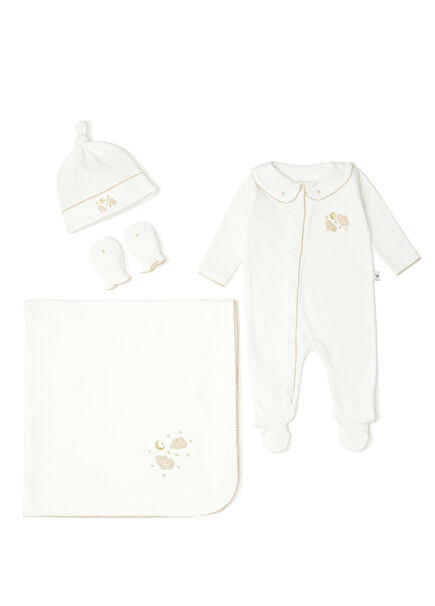 Bej Nakışlı Organik Pamuk 4lü Yeni Doğan Seti