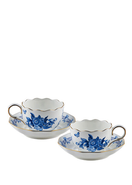 Primavera Blue Patterned Porcelain Set of 2 Coffee Cups and Saucers