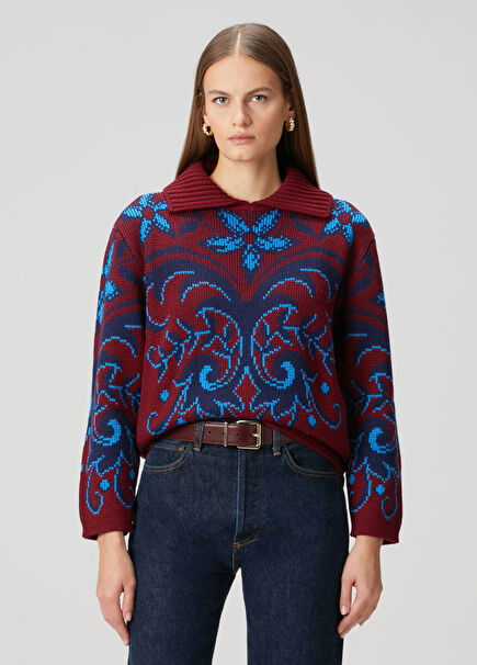 Bordo Mavi Jakarlı Yün Kazak