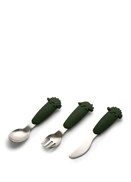 Dino Silikon Saplı Çelik Çocuk 3'lü Çatal & Bıçak & Kaşık Seti