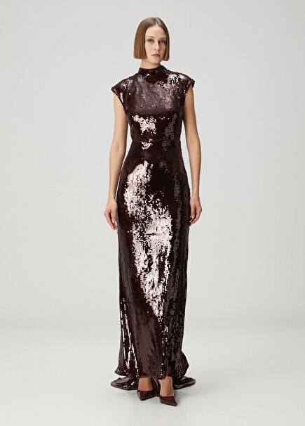 Burgundy Sequined Maxi Evening Dress