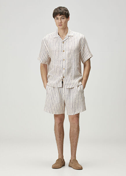 Gaston White Blue Striped Linen Shorts