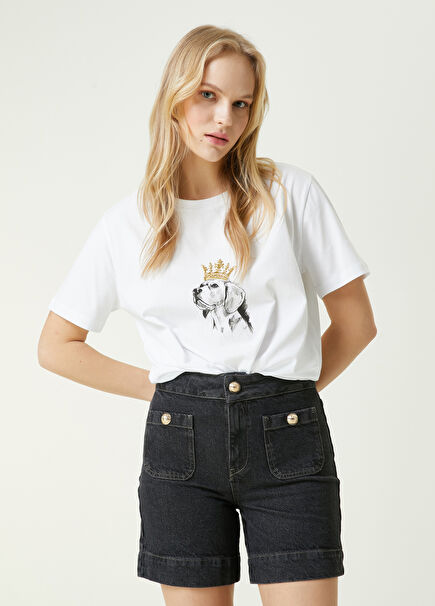 Kırık Beyaz Köpek Baskılı T-shirt