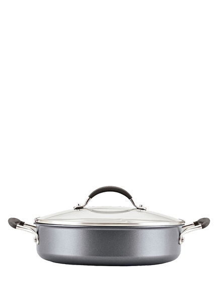 Gri Alüminyum Cam Kapaklı Sığ Tencere 24 cm