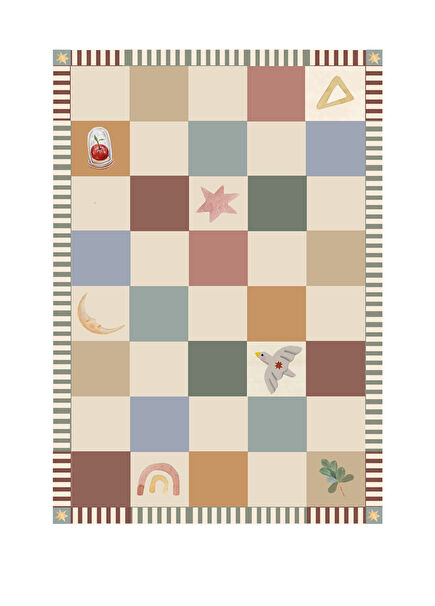 Play & Patch Checkmate Colorful Patterned Beige Children's Carpet 160 x 230 cm