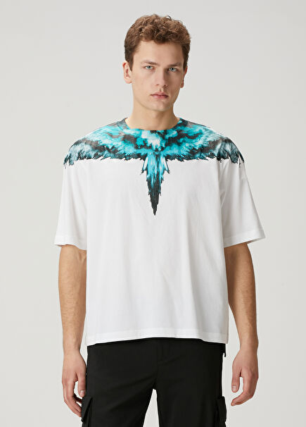 White Turquoise Collar Wing Printed T-Shirt
