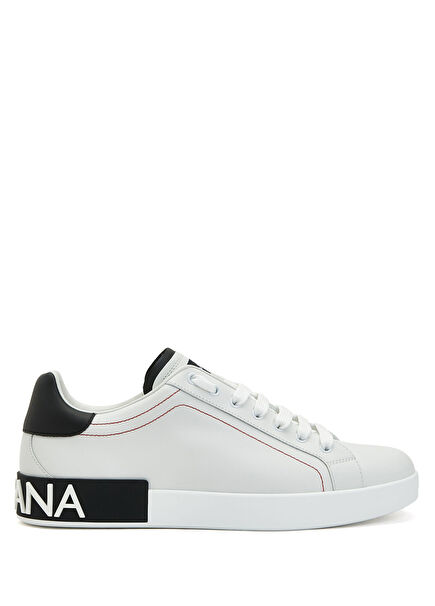 White Logo Detailed Mens Leather Sneaker