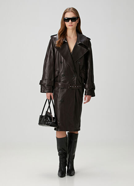 Koyu Kahverengi Deri Pardösü