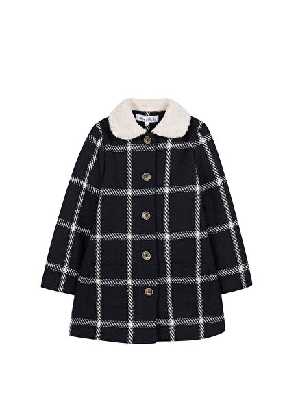 Navy Blue Wool Checkered Girls' Coat