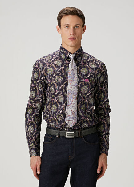 Lacivert Etnik Desenli Gömlek