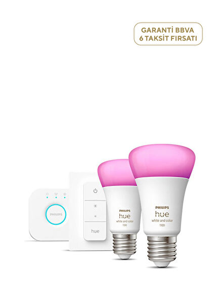 Hue 9-75W Renkli Kumandalı E27 Bluetooth Özellikli 2'li Akıllı Başlangıç Seti