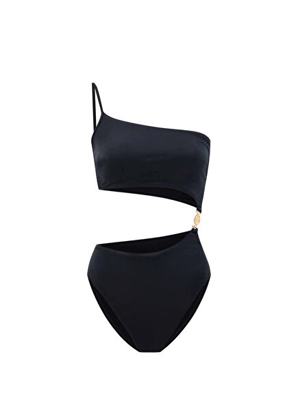 Ella Black Gold Seashell Accessory Window Women's One Shoulder Swimsuit