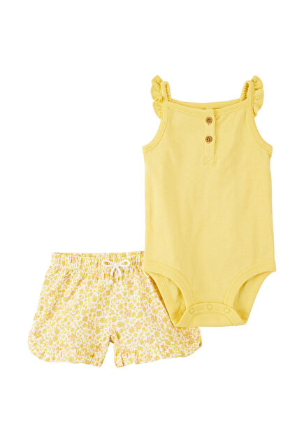 Sarı Pamuklu Body Pantolon Kız Bebek 2'li Set 