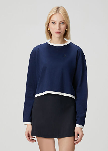 Navy Blue White Long Sleeve Crop T-Shirt