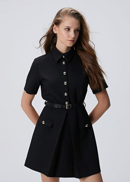 Siyah Kemerli Mini Elbise