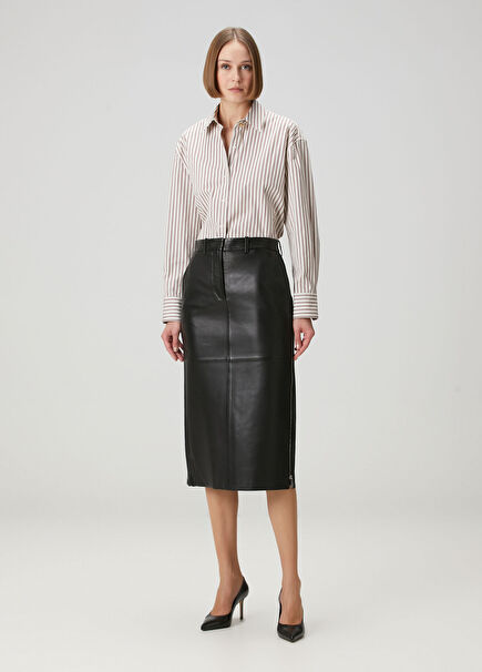 Siyah Fermuar Detaylı Midi Deri Kalem Etek