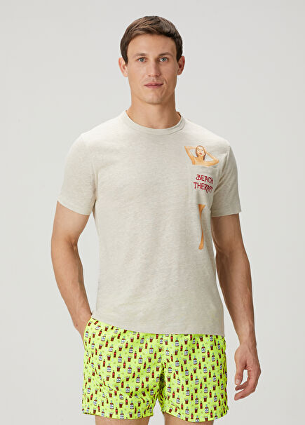 Ecstasea Bej Figür Baskılı Keten T-shirt