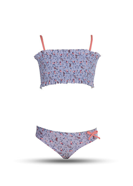 Floral Patterned Ruffled Strap Girls' Bikini Set