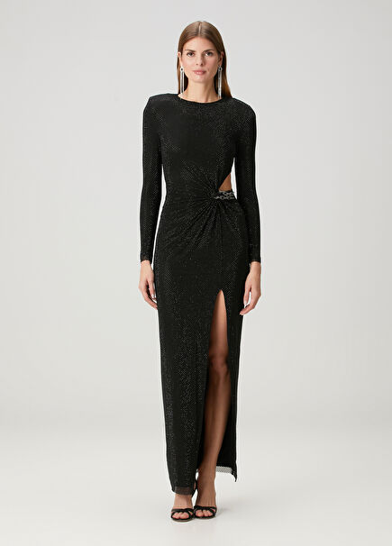 Siyah Taşlı Maksi Abiye Elbise