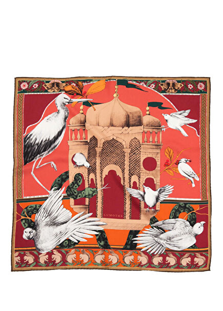 Miniature Palace Birds and Pavilion Silk Twill Women's Scarf 54 cm