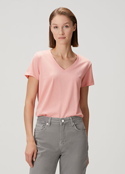 Salmon V-Neck Flowing T-Shirt