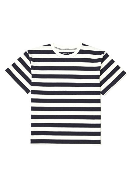 Lacivert Beyaz Çizgili Kız Çocuk T-shirt