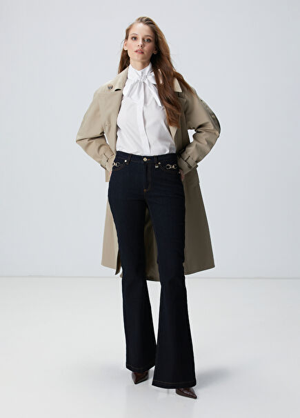 İndigo Aksesuarlı Flare Kalıp Denim Pantolon