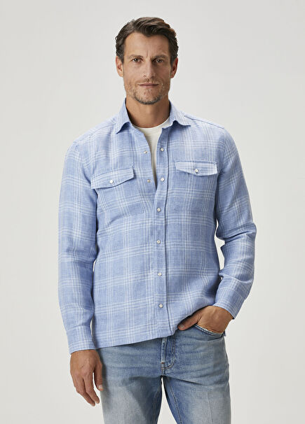 Blue Plaid Patterned Linen Shirt