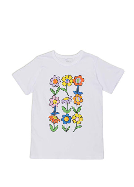 White Floral Printed Girls T-Shirt