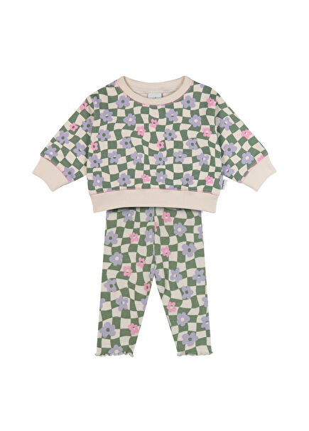 Grafik Çiçek Desenli Sweatshirt & Tayt Kız Bebek 2'li Set
