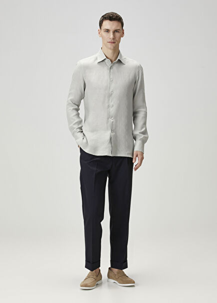 Navy Blue Waist Corded Wool Pants