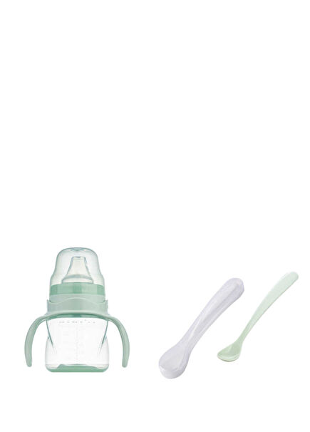 Powder Green Trainer Cup with Handle 160 ml & Double Feeding Spoon Set